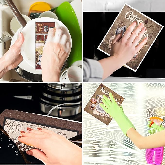 Reusable Swedish Dishcloths for Kitchen, 6PCS Coffee Theme Cellulose Sponge Paper Towels Washable, Absorbent Fast Drying Swedish Dish Cloth for Home Cleaning
