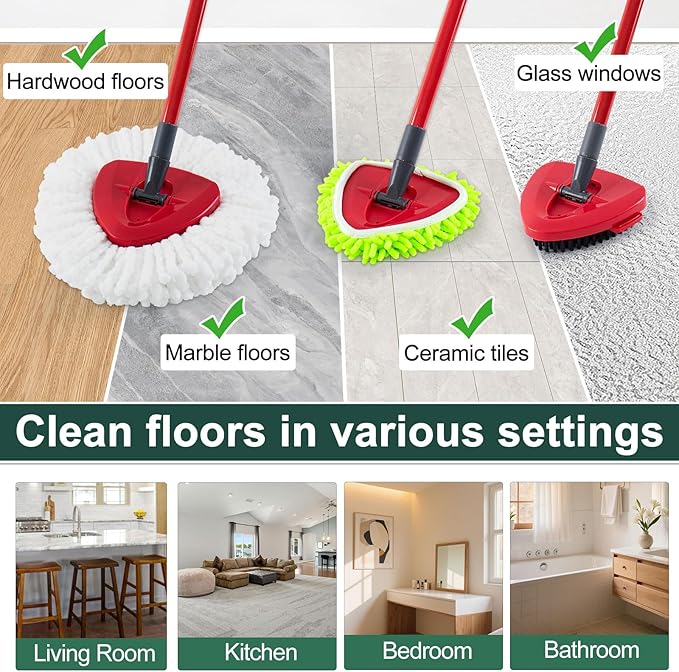Mop Head Replacement for O Cedar, Spin Mop Replacement Head for Ocedar Easywring 1 Tank System, Mop Heads Includeds 3 Mop Replacement Heads, 2 Spin Scrub Brush, 1 Base & 1 Chenille Pad