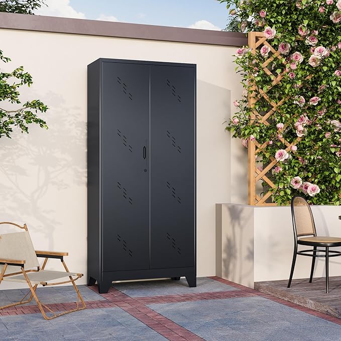 Broom Closet Storage Cabinet, Black Metal Cabinet with Lockable Doors, 75" Tall Garage Storage Cabinets, Outdoor Cleaning Broom Closet Organizer, Steel Tool Cabinet, Kitchen Pantry Cabinets