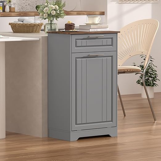 Single 10 Gallon Tilt Out Trash Can Cabinet with Deodorizing Function, Wooden Hidden Garbage Can Holder with Storage Drawers for Kitchen and Dining Room, Laundry Hamper Cabinet for Bathroom, Grey