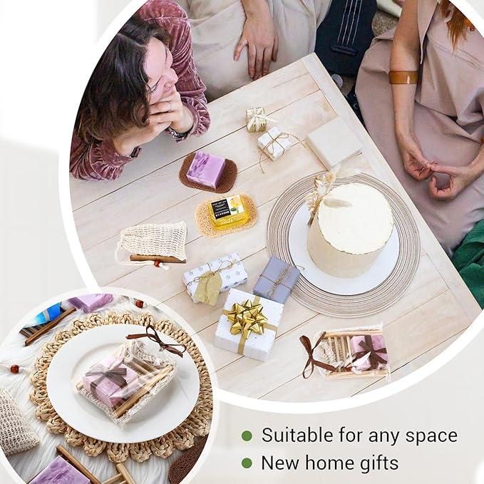 Threehoney 72 Pcs Soap Saver Set Including Wooden Dish Exfoliating Bag Saver Pads Bulk with 100 OPP Transparent Bags 2 Bundles Paper Ropes for Wedding Homemade Gift Mother‘S Day(Classic Color)