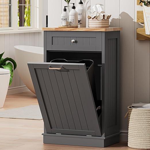 AHB 13 Gallons Tilt Out Trash Cabinet, Hidden Trash Can Kitchen Cabinet Wooden Tilt Out Pet Proof Hidden Trash Bin for Kitchen Living Room, Grey