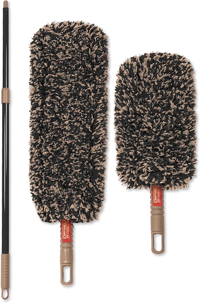 Campanelli Washable Microfiber Duster Kit with Extension Pole – Reusable Cleaning Set with 8” & 14” Duster Heads for Ceiling Fans, Walls, Blinds & Hard-to-Reach Areas