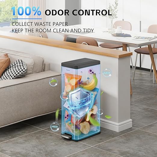 Slim Stainless Steel Trash Can with Lid, 8.1 Gallon Space-Saving Garbage Can-Step Pedal Wastebasket Slim Trash Bin for Office, Bedroom, Living Room, Black