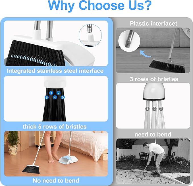 BSKLIN Broom and Dustpan Set, Broom with Dustpan Combo Set with Teeth to Clean Pet Hair 52-in Long Adjustable Handle Broom for Home Office Kitchen Lobby