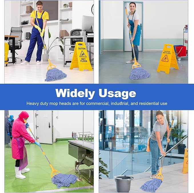 6 Pack Commercial Mop Head Replacement, Heavy Duty Mop Head Commercial Replacement for General and Floor Cleaning, Wet Industrial Blue Cotton Looped End String Head Refill (Blue)