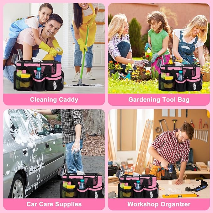 14 inch Large Cleaning Supplies Organizer, Pink Tool Bag with Handle & Adjustable Shoulder Straps, Cleaning Bags for Housekeepers, Cleaners, Cleaning Supply Caddy
