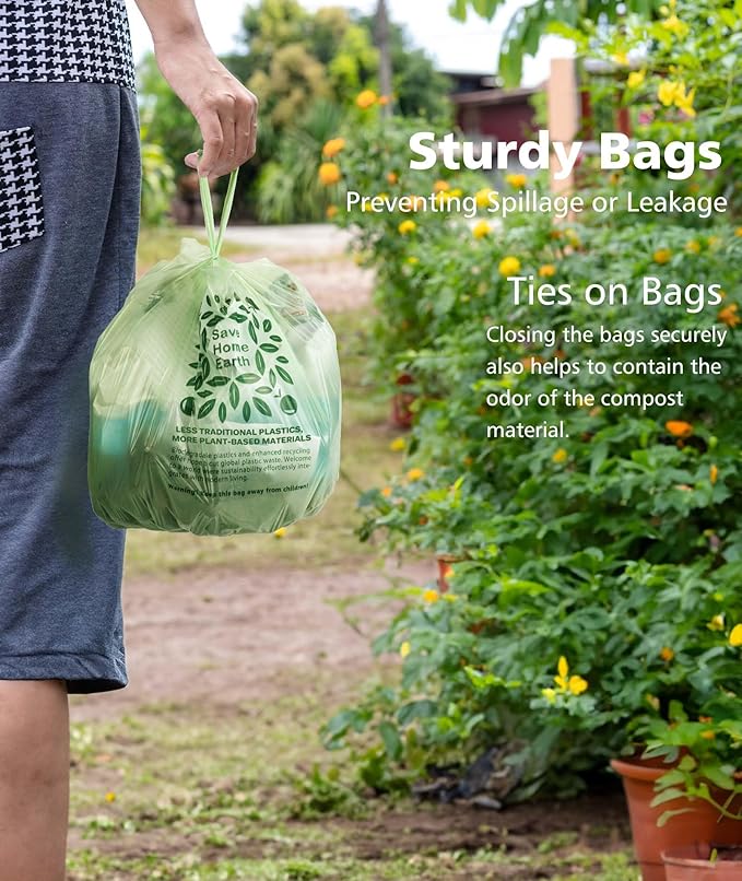 AYOTEE 2.6 Gallon Compost Bags with Handle Tie, 75 Count Small Biodegradable TrashBags 2.6 Gallon Trash Bag, Certified By ASTM Standard Mini Compost Kitchen Food Scrap Waste Bags for Compost Bin Green