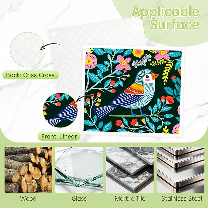 Swedish Dishcloths for Kitchen, 5 Pack Floral Bird Reusable Paper Towels with 3 Hooks, Washable Dish Cloth Set, Absorbent Cleaning Cloth for Home Washing Dishes Housewarming Gifts for Friend