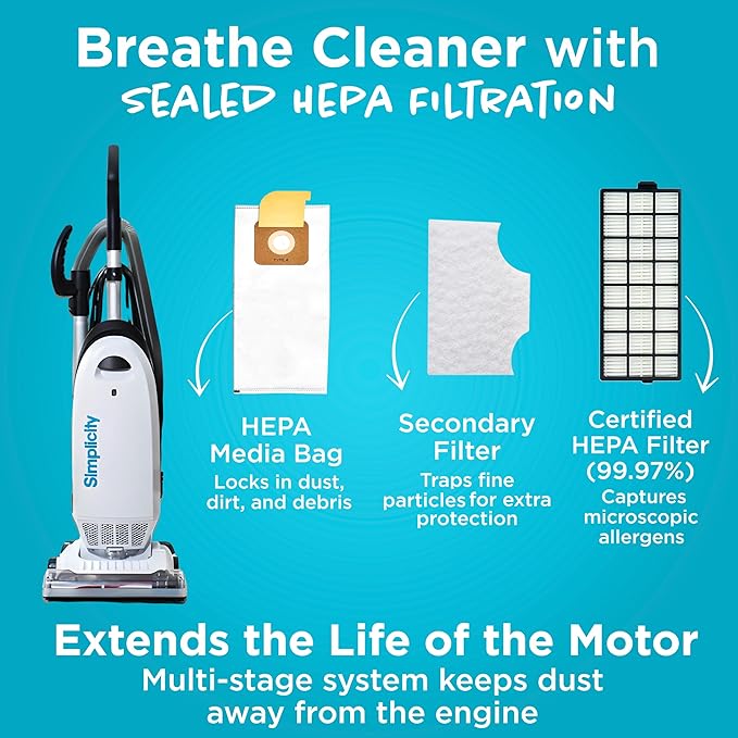 Simplicity Vacuums Allergy Upright Bagged Vacuum Cleaner and Pet Hair Remover Upholstery Tool Bundle, Lightweight Vacuum Cleaner for Floor and Carpet, Certified HEPA Filter and Bag Included