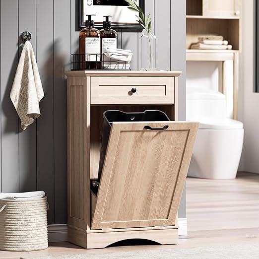 AHB 13 Gallons Tilt Out Trash Cabinet Hidden Trash Can Cabinet Freestanding Garbage Recycling Cabinet with Hideaway Drawer Pet Proof Trash Bin for Kitchen Living Room, Natural