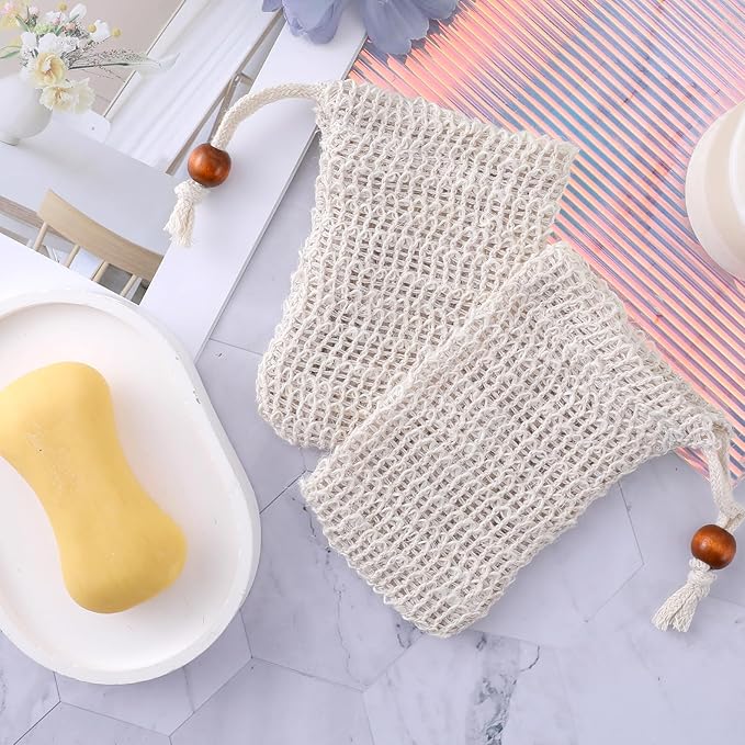 2PCS Soap Saver Bag, Sisal Exfoliating Soap Pouch, Natural Cotton-Linen Exfoliating Net Pouch with Drawstring, Foaming and Drying Exfoliating-Mesh Pouches for Bath and Shower (13x8.5cm, Beige)