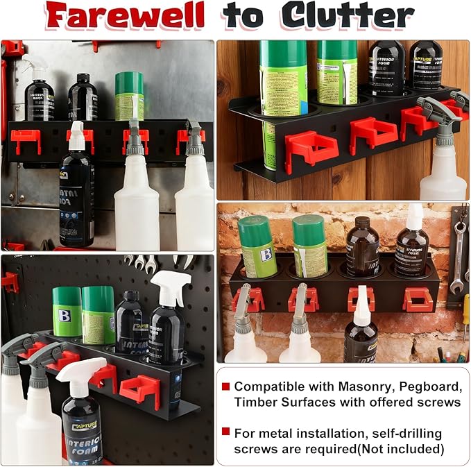 2 Pack Carbon Steel Spray Bottle Holder Wall Mount, Heavy-Duty Car Detailing Bottle Organizer, Spray Can Holder Rack with 4 Holes & 4 Hooks, Space Saving Storage Holder for Garage Workshop Van Shed