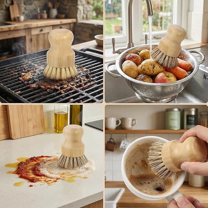 Bamboo Dish Brush Set – Natural Bamboo Brush with Sisal & Palm Bristles for Non-Stick Cookware, Pots, Vegetables, and Kitchen Cleaning - Eco-Friendly Vegetable Brush(2PCS)