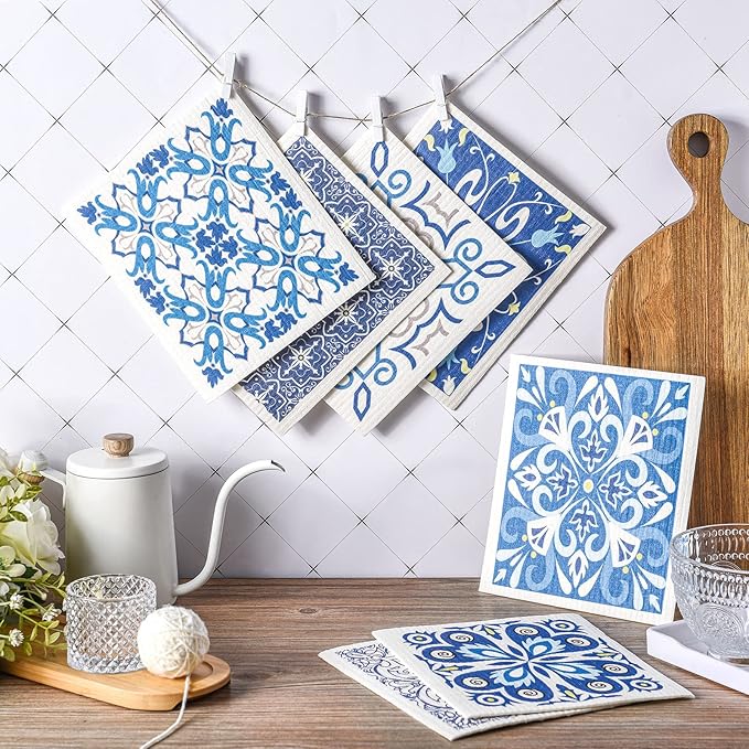 WILLBOND 9 Pieces Blue Style Swedish Kitchen Dishcloths Reusable Absorbent Hand Towels Sponge Cloth for Baking Cooking Kitchen Home Decoration Housewarming Gift