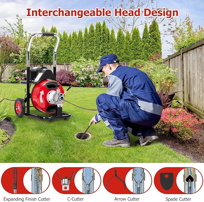 Drain Cleaner Machine 75FT x 3/8 Inch, Professional Sewer Snake Auger, 4 Cutter Blades, Air-Activated Foot Switch, Gloves, Portable Plumbing Tool for 1"-4" Pipes, Bathroom, Kitchen, and Sewer Clog
