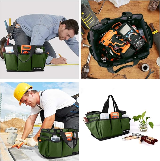 Housolution Gardening Tote Bag, Deluxe Garden Tool Storage Bag and Home Organizer with Pockets, Wear-resistant & Reusable, 12 Inch, Dark Green