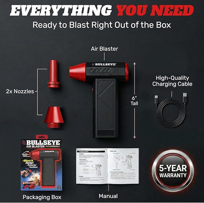 BULLSEYE Blaster 130000 RPM Electric Air Duster, Rechargeable Cordless Compressed Air Blower for Computer Cleaning, Keyboard, Electronics, Car Detailing, 3 Speed Turbo, 2 Nozzles ā As Seen on TV
