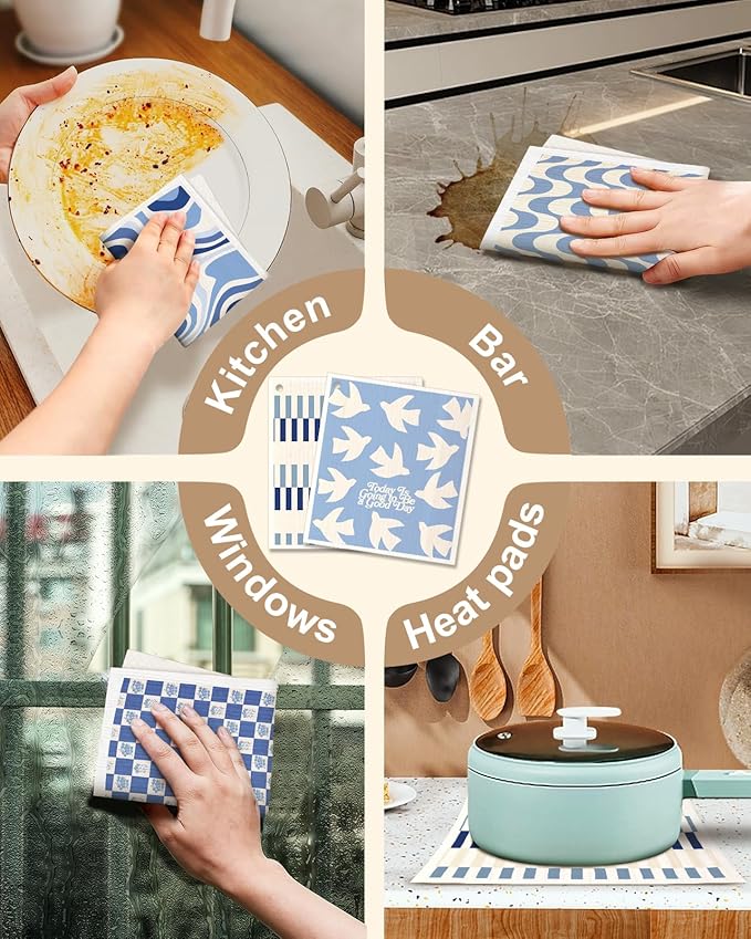 Miss Adola Swedish Dishcloths for Kitchen with Hooks - Reusable Dish Cloths for Washing Dishes Fast Drying Cute Fun 5 Pack Swedish Dish Towels Washable Cleaning Sponge, Blue Geometrical