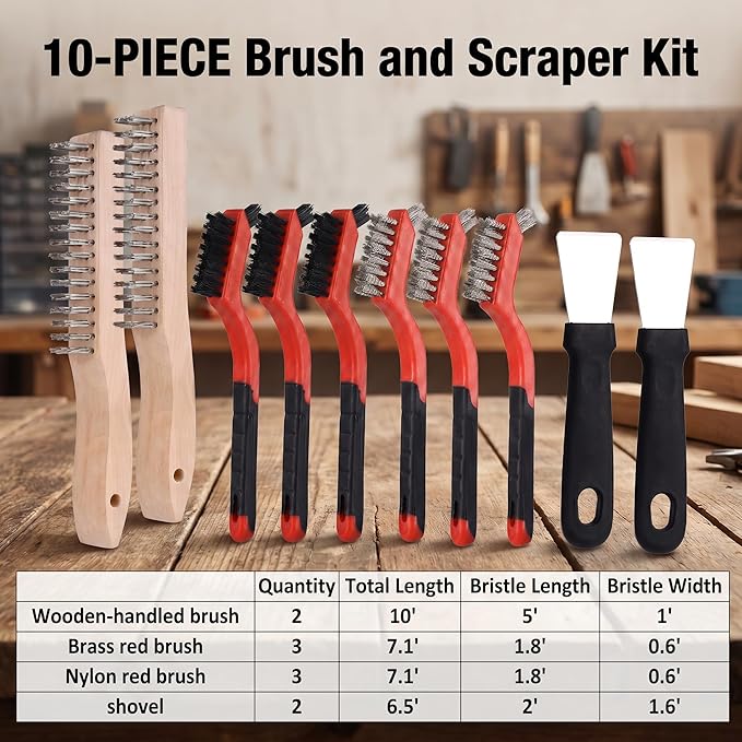 10-Piece Wire Brush Set - Heavy Duty Scratch Brushes with Stainless Steel & Nylon Bristles, Includes 2 Wood Handle Brushes and 2 Metal Scrapers for Welding Slag, Paint & BBQ