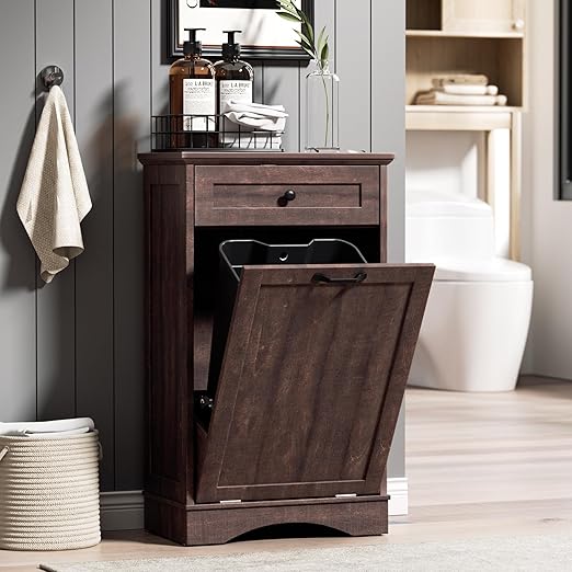 AHB 13 Gallons Tilt Out Trash Cabinet Hidden Trash Can Cabinet Freestanding Garbage Recycling Cabinet with Hideaway Drawer Pet Proof Trash Bin for Kitchen Living Room, Brown
