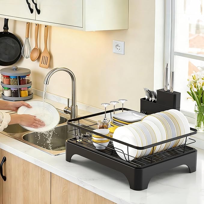 Dish Drying Rack for Kitchen Counter, Dish Rack, Dish Drainer for Kitchen with Built-in Drain, Stainless Steel Sink Organization and Storage Essentials with Cutlery Holder (17" x 13.4", Black)
