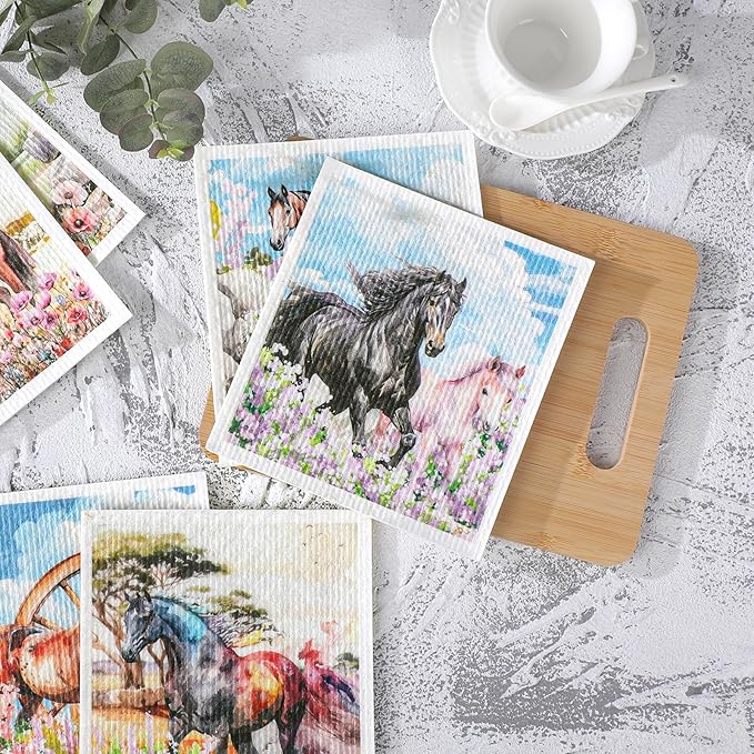 Horses Swedish Dishcloths for Kitchen, 6 Pack Farmhouse Absorbent Dish Cloths for Washing Dishes, Reusable Washable Paper Towels Cloth for Kitchen Countertop Sink Fast Drying Sponge Cloths