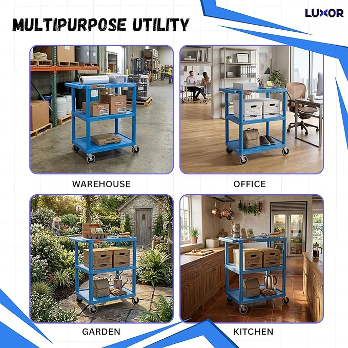 Luxor HE34-BU Utility Cart - 3 Shelves Structural Foam Plastic, Four 4" Casters, Two with Locking Brake, Ergonomic Push Handle, 24"W x 18"D x 34"H, Offices, Classrooms