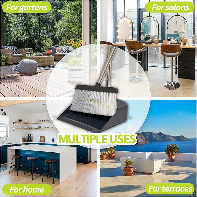 Broom with Dustpan Combo Set with Long Handles - Lightweight Indoor & Outdoor Broom and Dustpan Set for Home & Office - Broom with Stand Up Dustpan and Innovative Dust Collector
