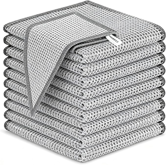 Non-Scratch Silver Mesh Dish Cloths, 12+1 Pack 2-Layer Metallic Fiber Cleaning Cloths for Kitchen, Diamond Weave Scrubber Pads for Dishes, Sinks & Cookware (7.87x7.87 Inches)
