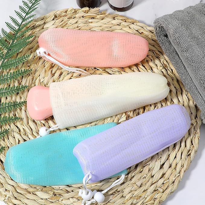 12Pcs Random Color Exfoliating Mesh Soap Pouch Bubble Foam Net Bag for Body Facial Cleaning Tool,for Shower Saver Pouch Drawstring Foaming Net Soap Bag Used Repeatedly Easy to Store Cleansers