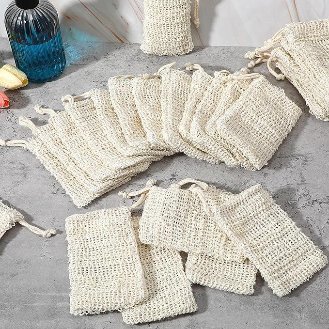 SHENLIU 50 Pack Soap Bags with Drawstring, Mesh Exfoliating Soap Saver Bag Sisal Soaps Pouch Bar Foaming and Drying Exfoliating Net for Bath Shower Massaging Scrubbing (5.3 × 3.7inch)