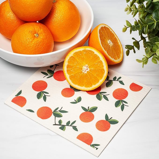 Swedish Dishcloths 3-Pack, Super Absorbent Reusable Cellulose Sponge Cloths, Eco-Friendly Kitchen Cleaning Towels, Machine Washable, with Citrus Oranges Print 7.87x6.88 inch