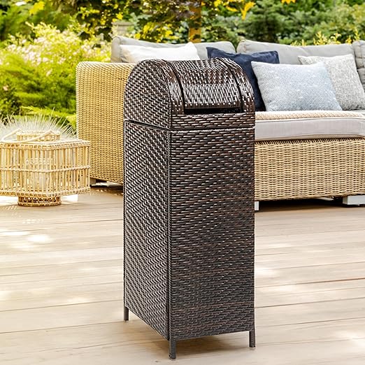 happimess HPM1202A Darla 31.39-Gallon All-Weather Wicker/Metal Swing Top Hideaway Outdoor Trash Can, Brown, Classic, Coastal, Casual Wastebin for Backyard, Patio, Porch, Kitchen