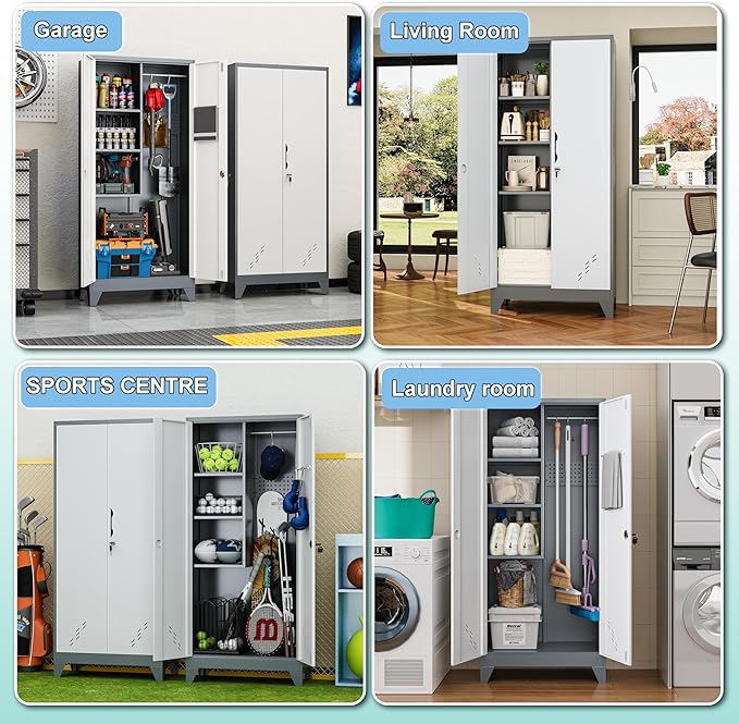 VASAAOSD 61" Broom Closet Storage Cabinet, Metal Storage Cabinet with Doors, Utility Cabinets for Brooms and Mops, Cleaning Tool Cabinets for Garage, Laundry Room, Bathroom (White)