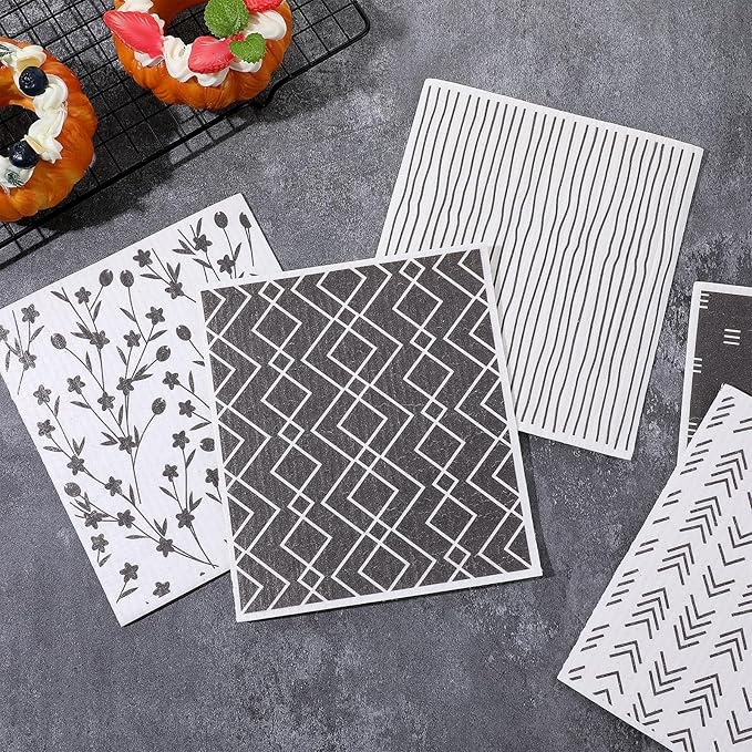 Mabor 5 Pcs Swedish Dishcloths for Kitchen Geometric Washable Dish Rags Reusable Cleaning Paper Towels Absorbent Counter Dish Cloth Kitchen