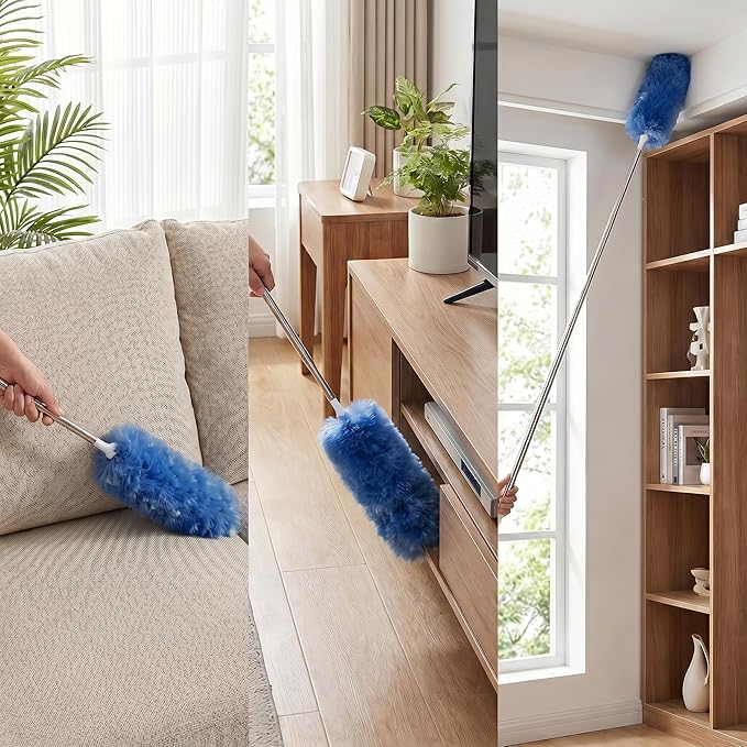 Heavy Duty Duster Refills, Disposable Dusters Kit for Cleaning Dusting Furniture Blind Ceiling Fan, Multi Surface 360 Feather Duster(10)+3FT Extended Handle(1) (Navy Blue)