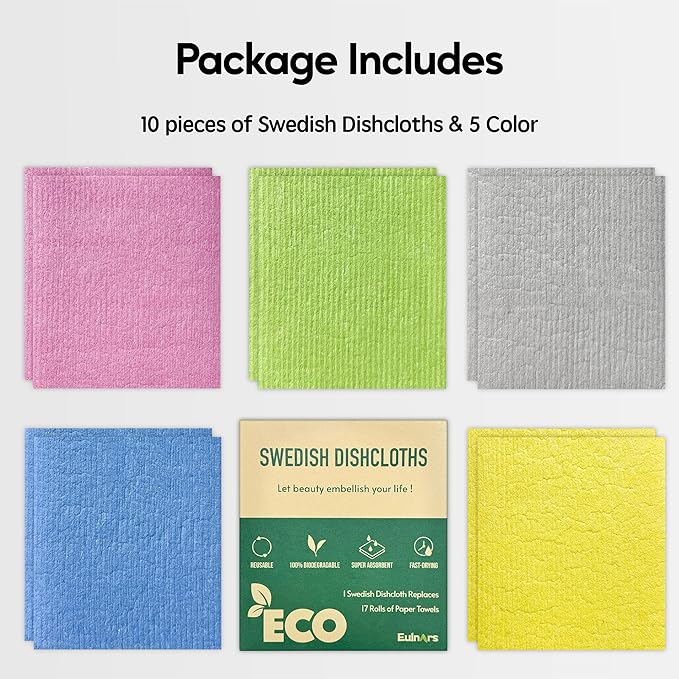 Eulnars Swedish Dishcloths for Kitchen, 10 Pack Reusable Paper Towels Washable, Ultra Absorbent Dish Towels for Washing Dishes, Non-Scratch Cellulose Sponge Cloths, No Odor, Biodegradable