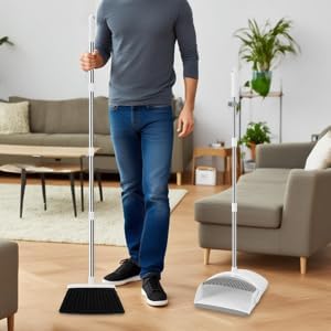 Broom with Dustpan Combo Set, Broom and Dustpan Set for Home Commercial Cleaning Supplies Angle Broom with Long Handle Perfect for Courtyard Garage Street (White)