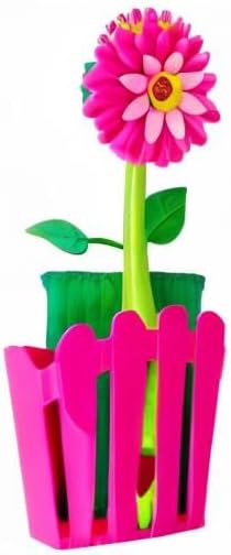 Vigar Flower Power 3-in-1 Kitchen Sink Caddy Set, Flower-Shaped Dish Brush, Sponge, Fence-shaped Holder and Suction Cup, Ideal Sink Organizer, Pink