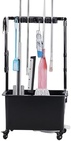 Mop Bucket & Broom Holder Storage Rack – Freestanding Cleaning Cart on Wheels for Garden, Garage, Schools & Restaurants – Organize with Durable Broom Closet & Tool Organizer