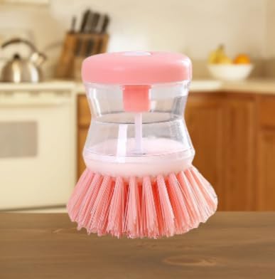 (3pcs) Kitchen Dish Brush with Soap Dispenser, Round Bristles.Kitchen Household Pot Washing Brush, Multifunctional Pot Brush (Pink Colour)