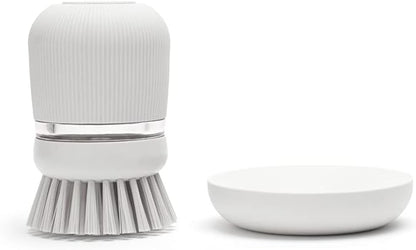 Brabantia Refillable Soap Dispensing Washing Up Brush (Light Gray) Secure Grip Palm Brush with Storage Tray