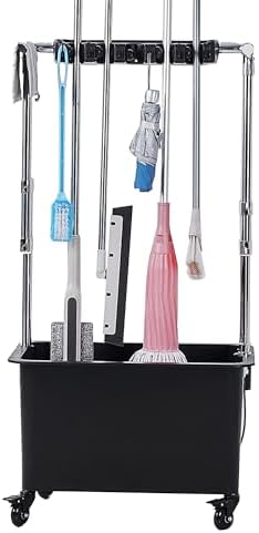 Mop Bucket & Broom Holder - Freestanding Cleaning Cart on Wheels, Storage Rack for Garden, Garage, Schools, Restaurants - Organizer Cabinet for Cleaning Supplies