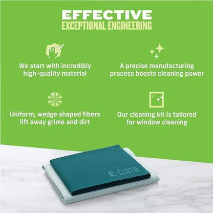 E-Cloth Microfiber Window Cleaning Cloth Kit - Glass Cleaning Cloth for Windows, Mirrors, Cars, Lenses, Eyeglasses, & More, Streak Free Clean, Machine Washable Reusable Towel - Green (2 Kits)