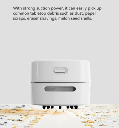 Portable Mini Desktop Vacuum Cleaner, Wireless Handheld, White, for Eraser Shavings, Pencil Shavings, Paper Scraps and Dust