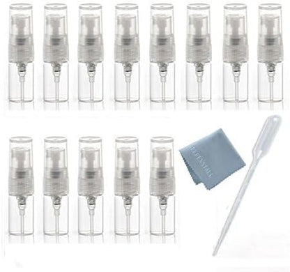 Elfenstall- 10pcs Mini Clear 2ml 5/8 Dram Fine Mist Atomizer Vial Glass Bottle Spray Refillable Perfume Empty Sample Bottle Clean Cloth for Travel Party Free 3ML Dropper