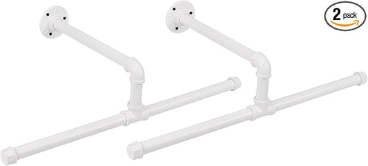 Industrial Pipe Clothes Rack Wall-Mounted, Multi-purpose Rustic Vintage Hanging Rod for Space-Saving Storage in Bedroom, Bathroom, and Laundry Room, 2 Pack White