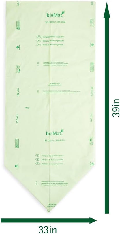 bioMat Compostable Trash Bags 35 Gallon, 30 Count, Tall flat top Kitchen Food Scrap Bin Liners, BPI, CMA and OK Compost HOME certified, Meets the ASTM D6400 Standard