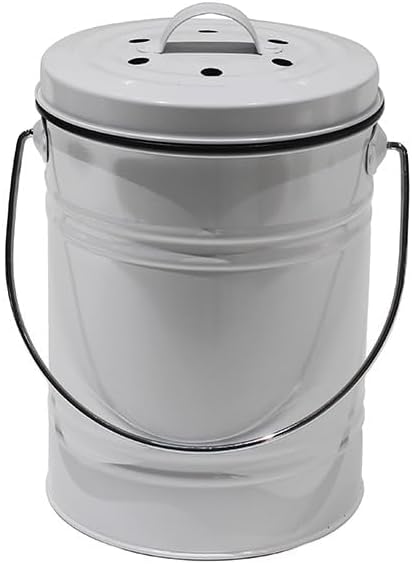 Plexon Kitchen Compost Bin with Lid, 1.3 Gallon Metal Countertop Compost Bucket Pail, Indoor Composter - White